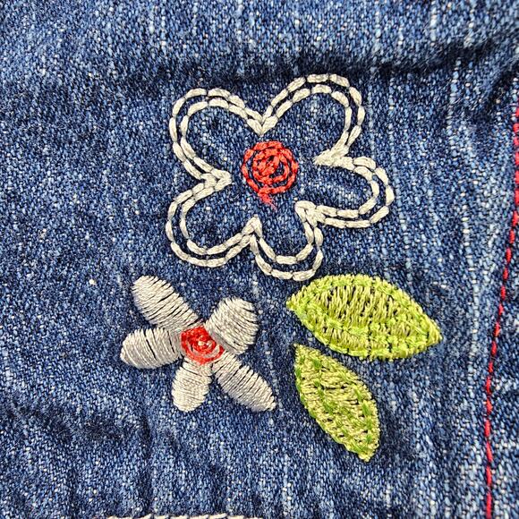Denim Infant Overalls 6-9 mos Embroidered Strawberry Ruffle Hem Eyelet Accents - Picture 7 of 10